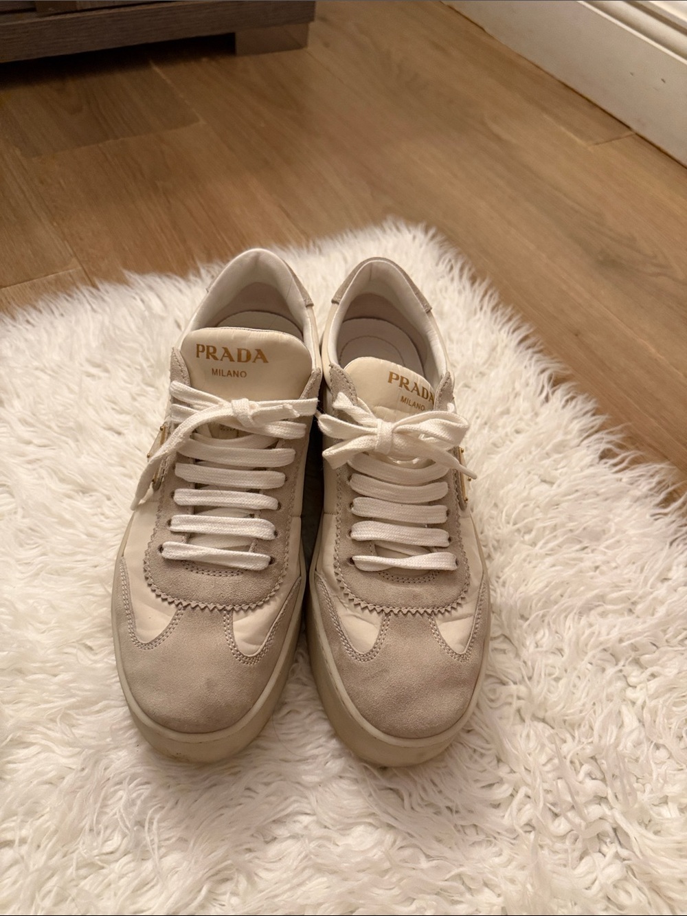 Prada Women's Cream Suede & Leather Low-Top Sneakers